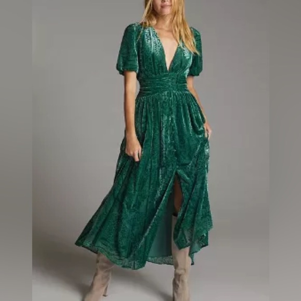Anthropologie Puff Sleeve Velvel Burnout Smocked Maxi Dress Emerald Green Size 2